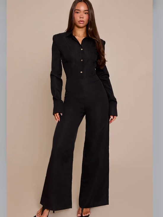 PrettyLittleThing Pants - PrettyLittleThing Black Wide-Leg Button-Up Jumpsuit